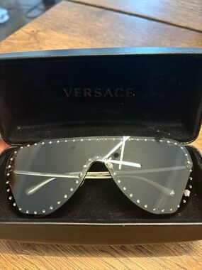 Versace Black Shield Sunglasses with Crystal Stud Accents